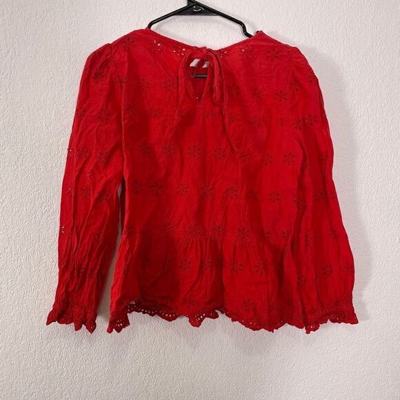 Madewell Red Eyelet Cutout 3/4 Length Sleeve Blouse Top - Picture 2 of 6